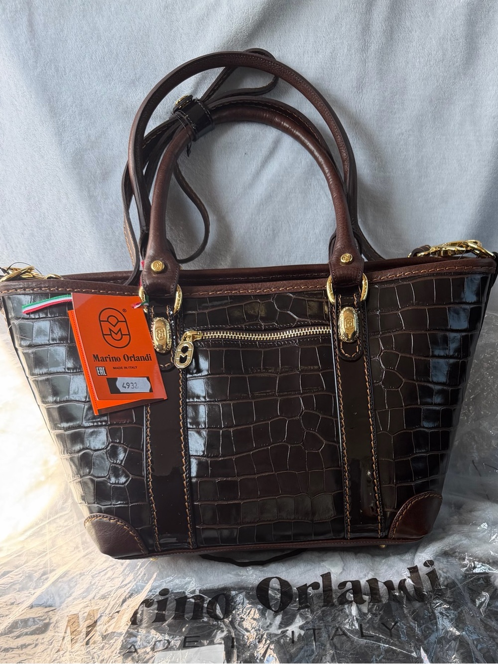 Marino Orlandi Made in Italy Brown Patent Leather Croc Embossed Satchel